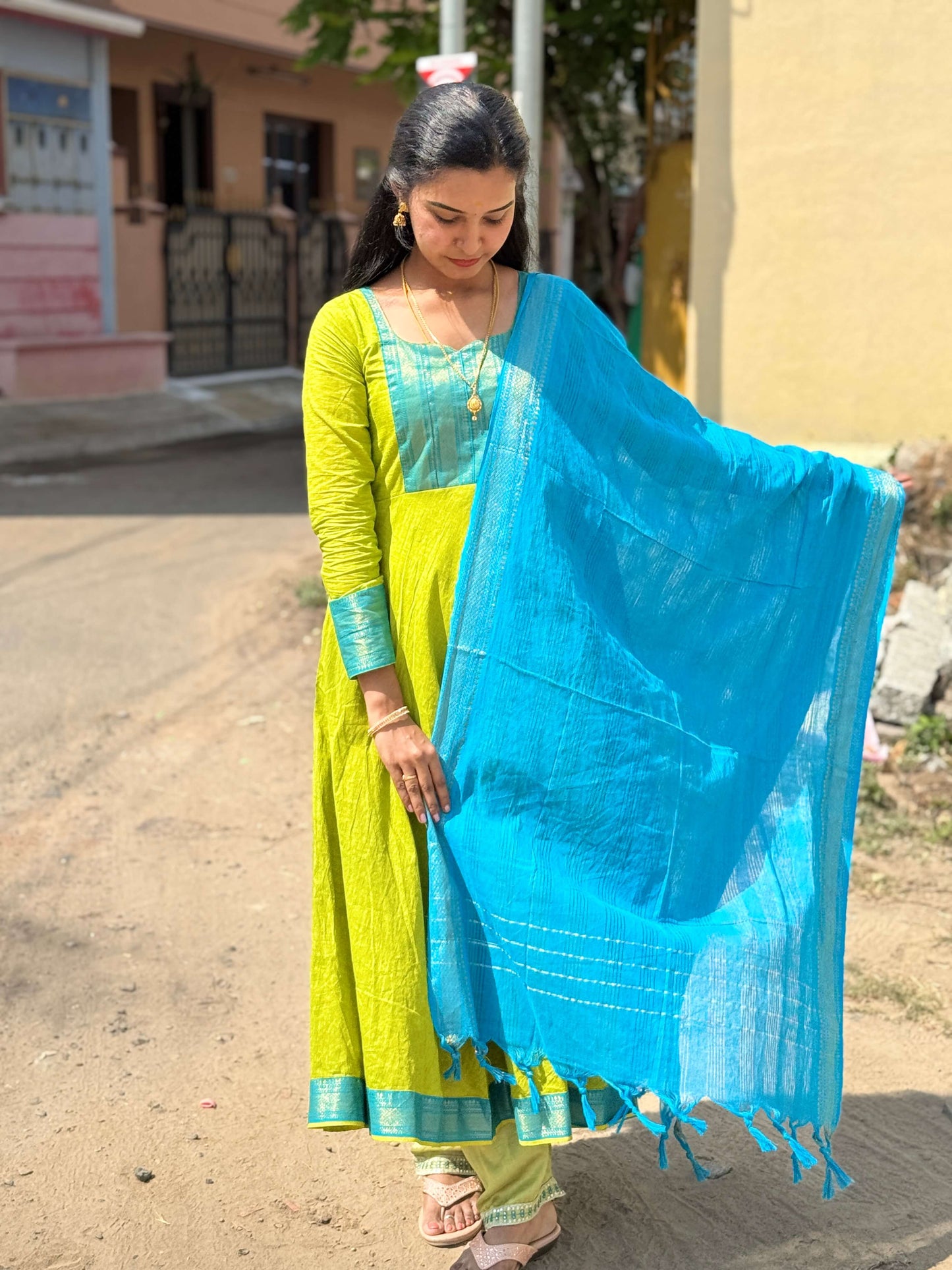 Green & Blue Mangalagiri Anarkali