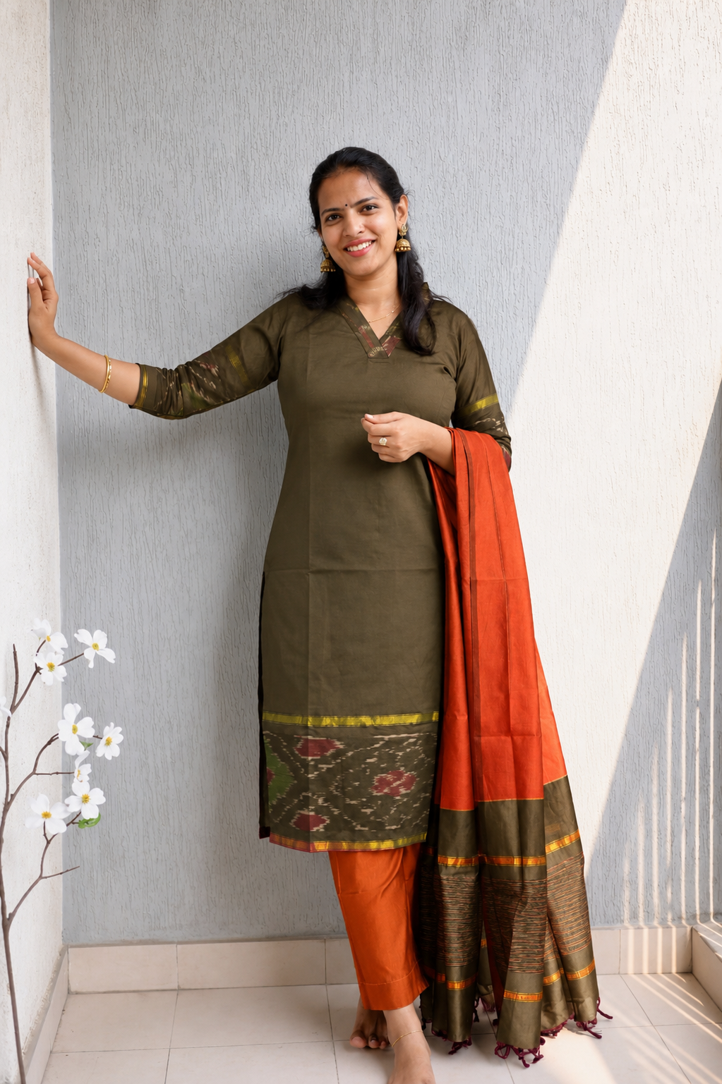 Mehandi Green & Orange Collar Silk
