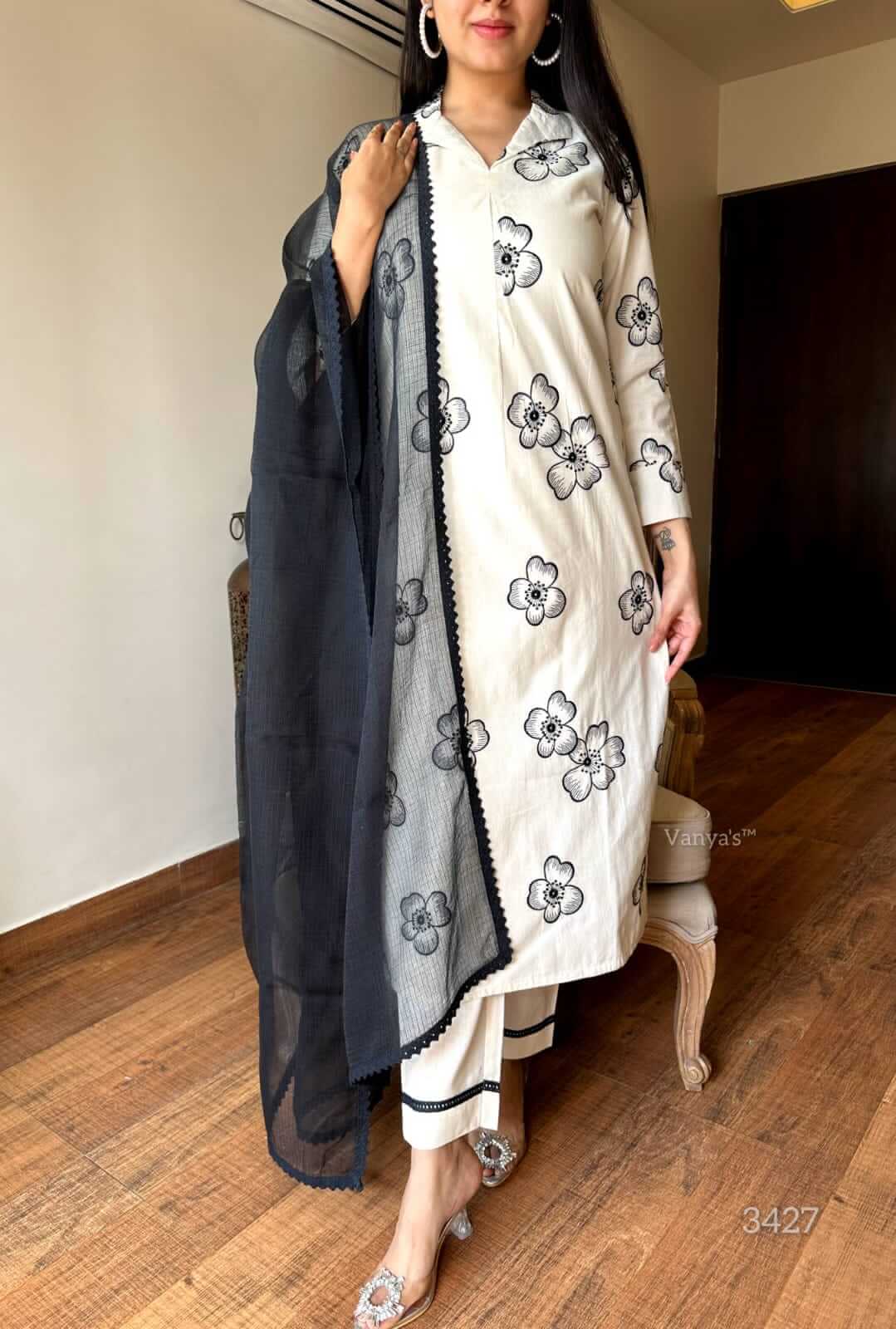 Cream & Black Embroidery suit