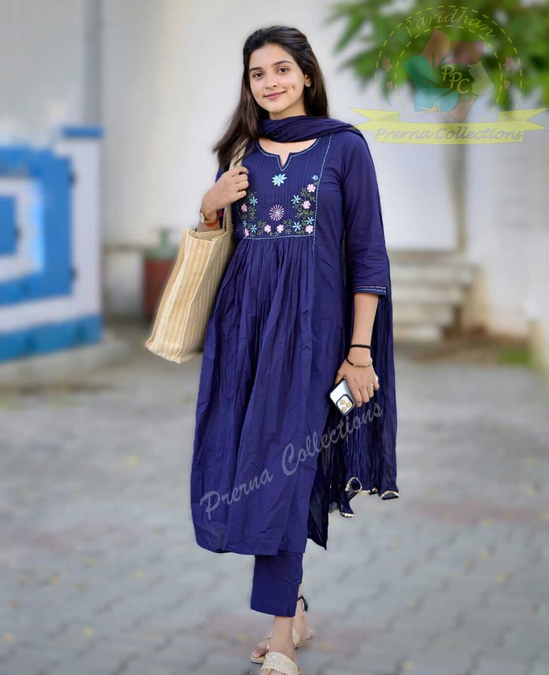 Pintex Work on Yoke - Blue