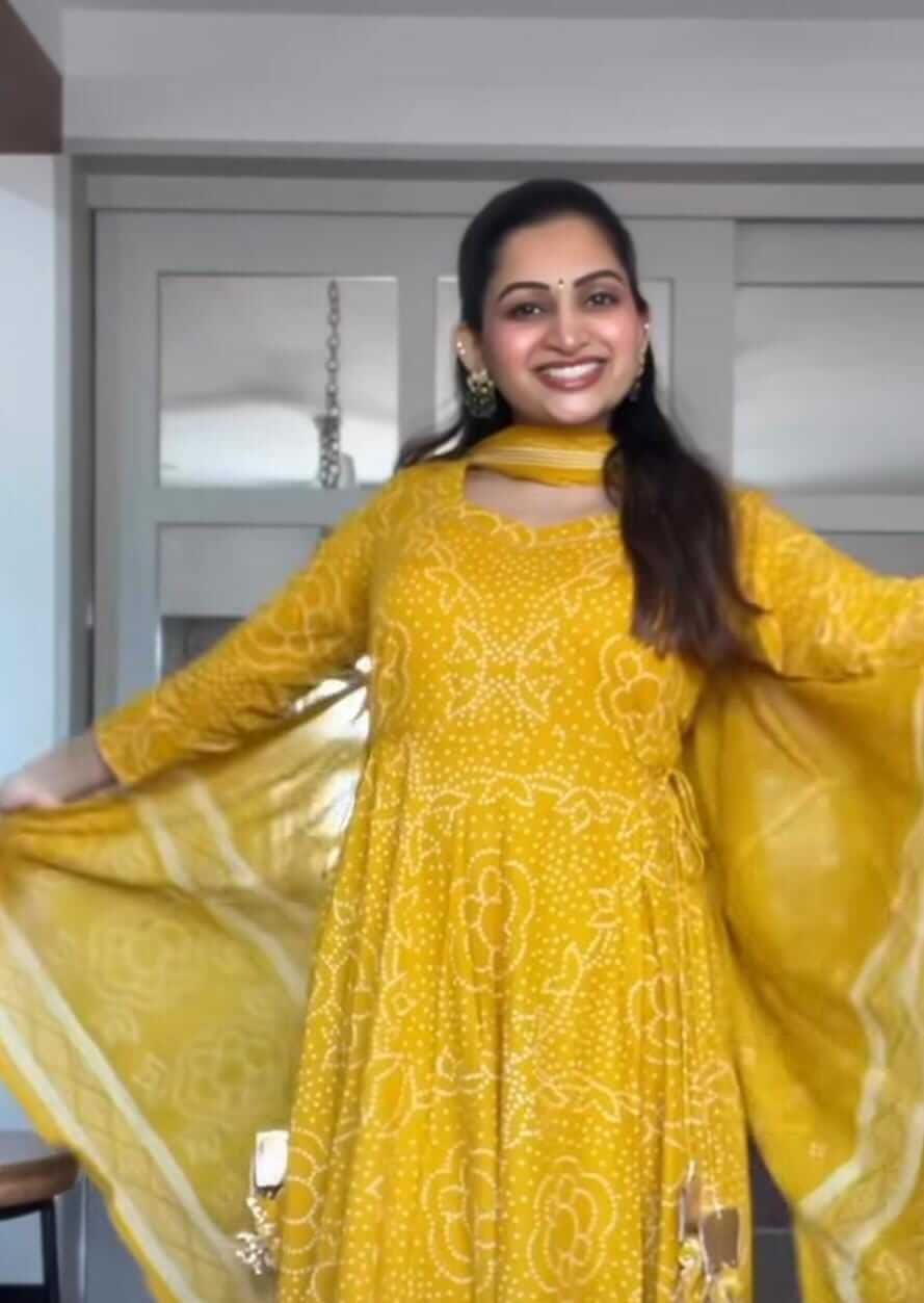 Yellow Bandhej printed Anarkali
