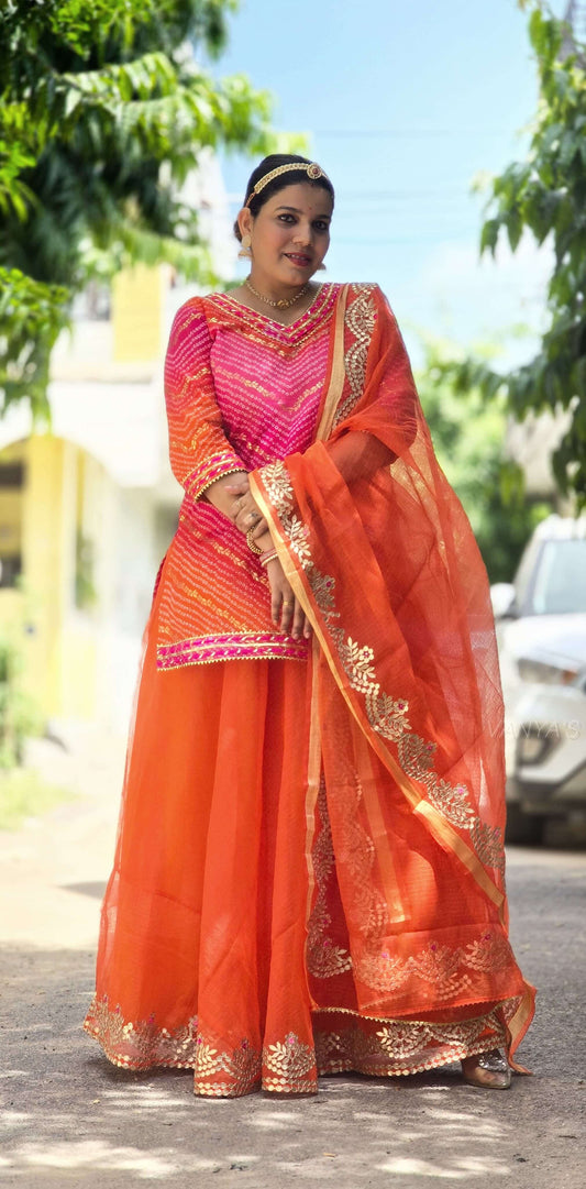 Orange & Pink lehriya Attire