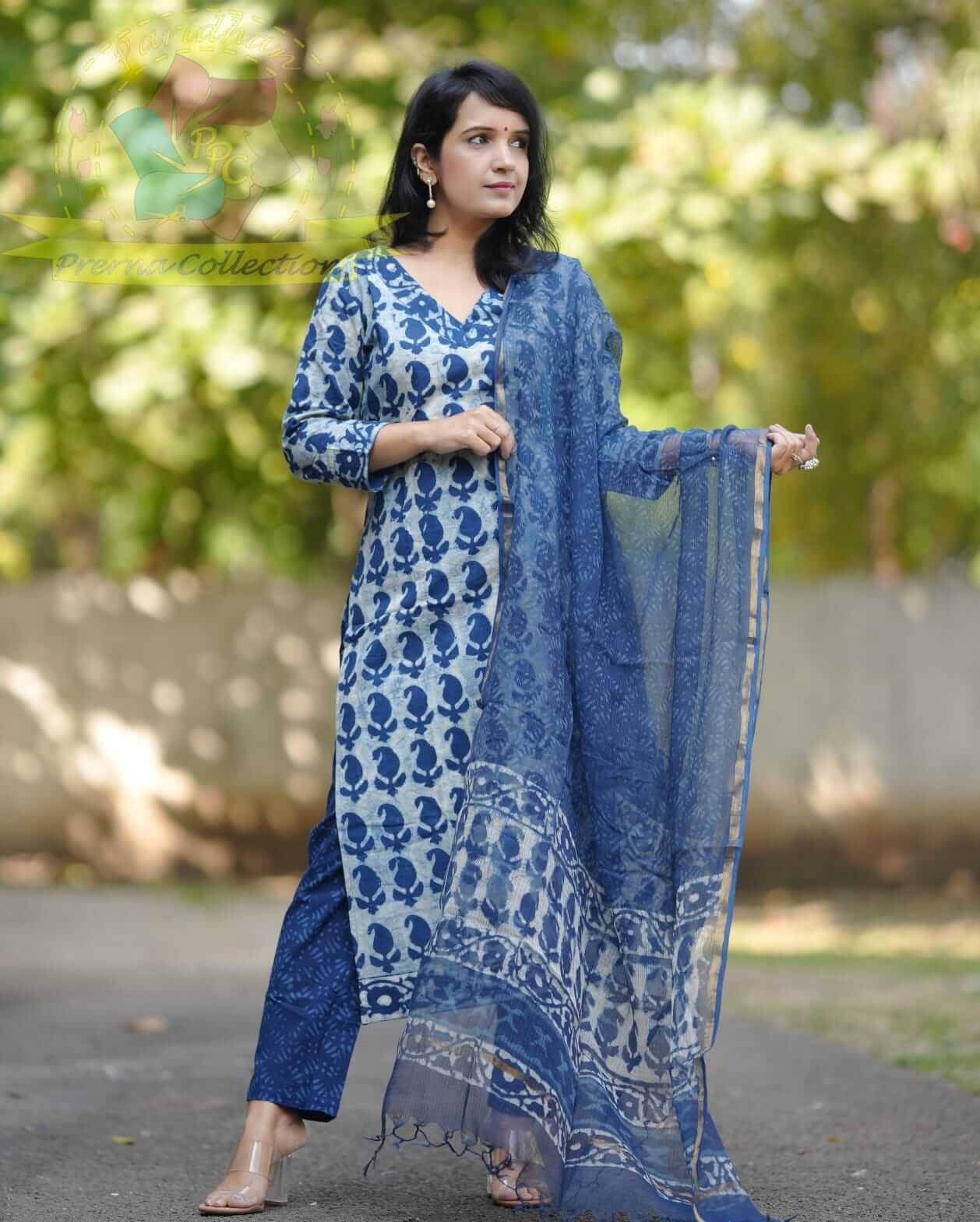 Indigo V Neck Handblock