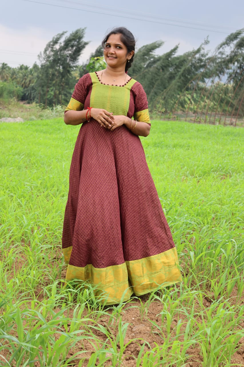 Sungudi Anarkali with Pom Pom