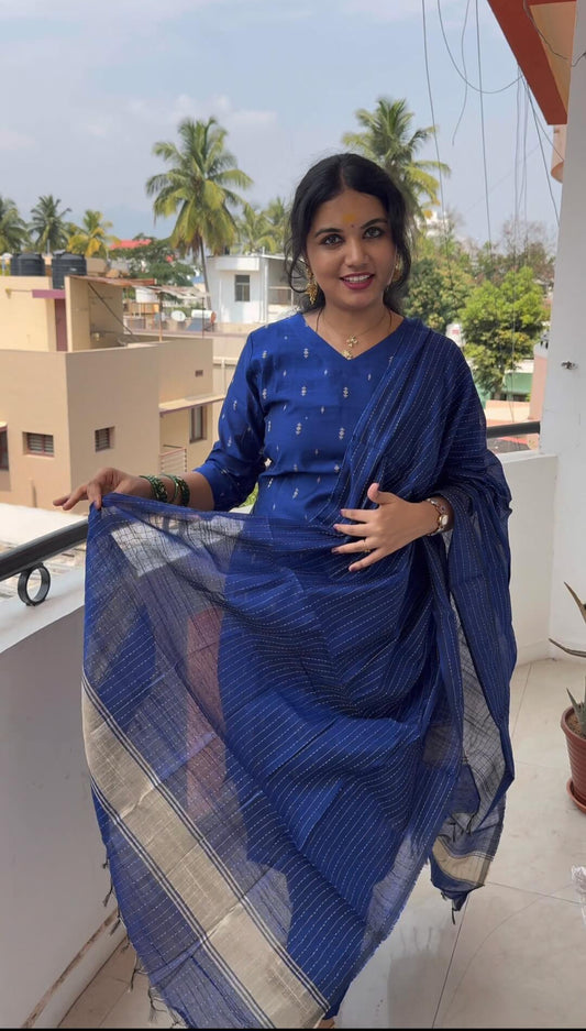 V neck Blue raw silk