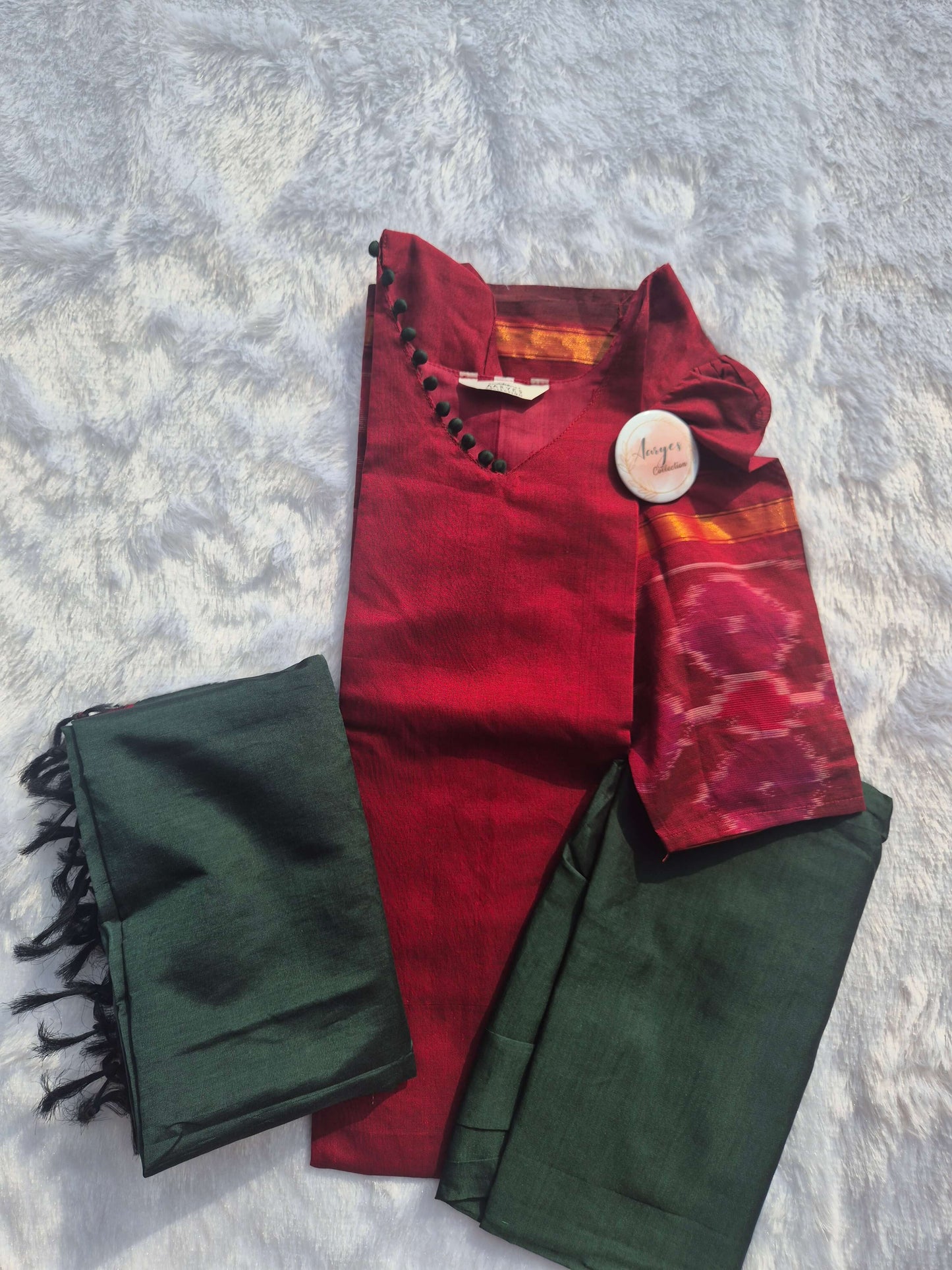 V Neck with Pom Pom Silk Salwar