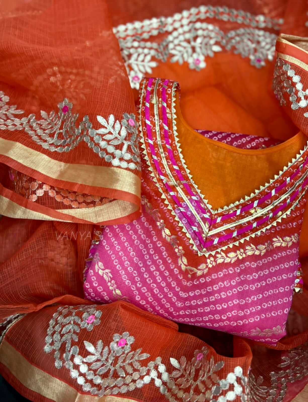 Orange & Pink lehriya Attire