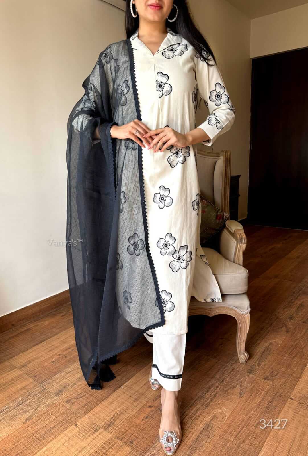 Cream & Black Embroidery suit