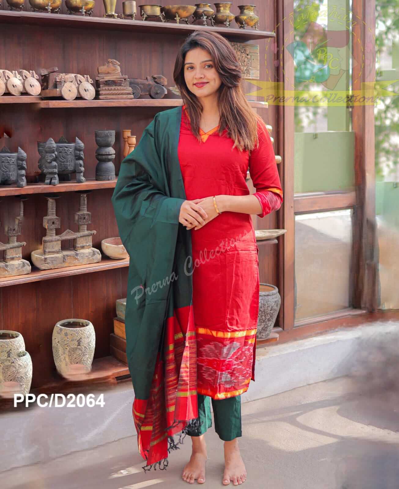 V Neck Red Silk Salwar