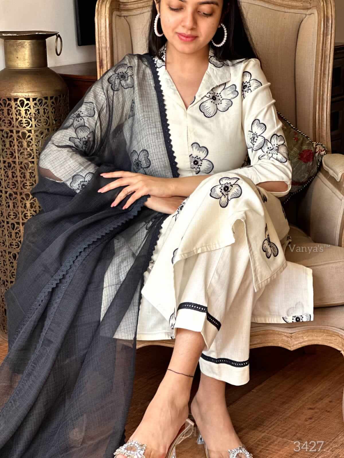 Cream & Black Embroidery suit