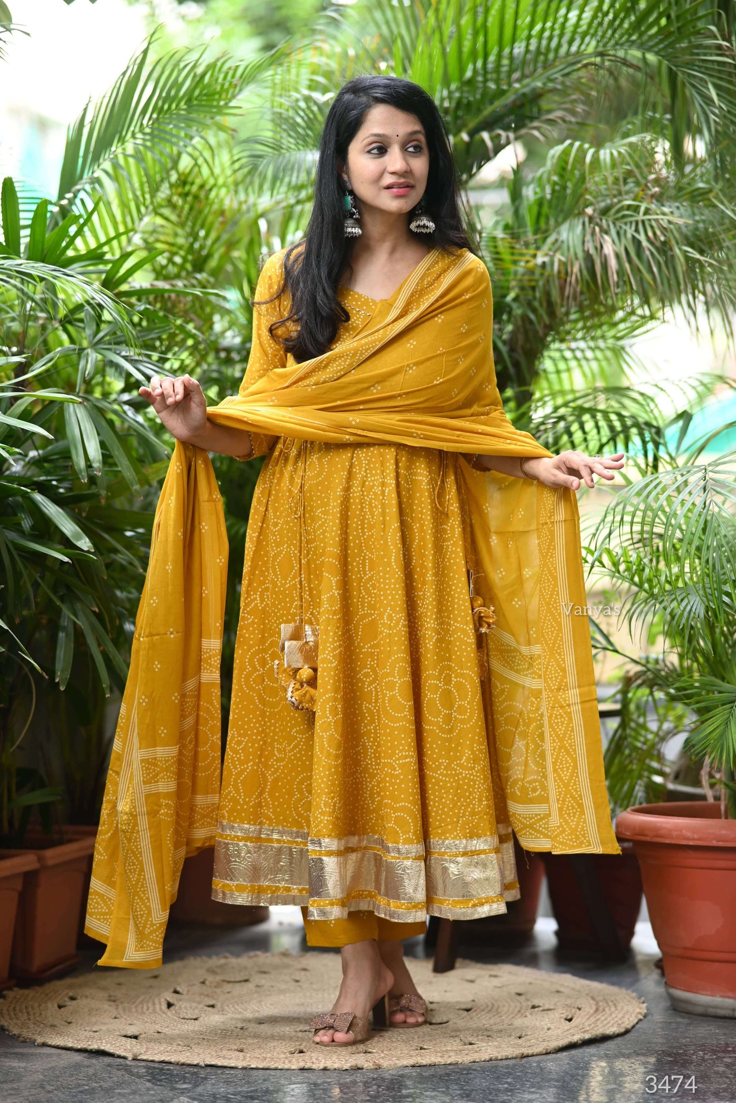 Yellow Bandhej printed Anarkali