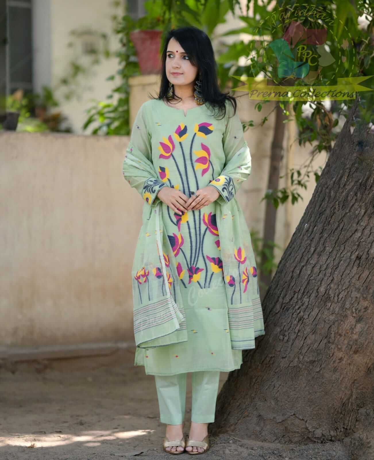 Pista Green Embroidery Jamdani