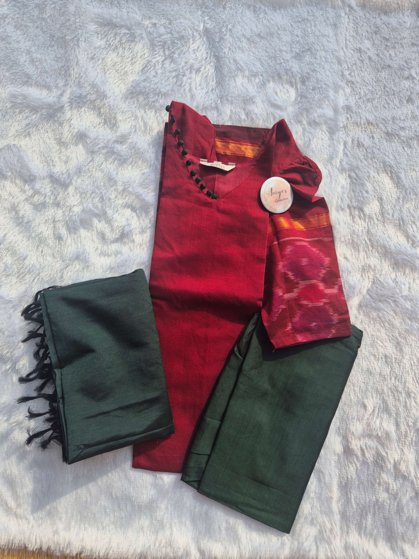 V Neck with Pom Pom Silk Salwar