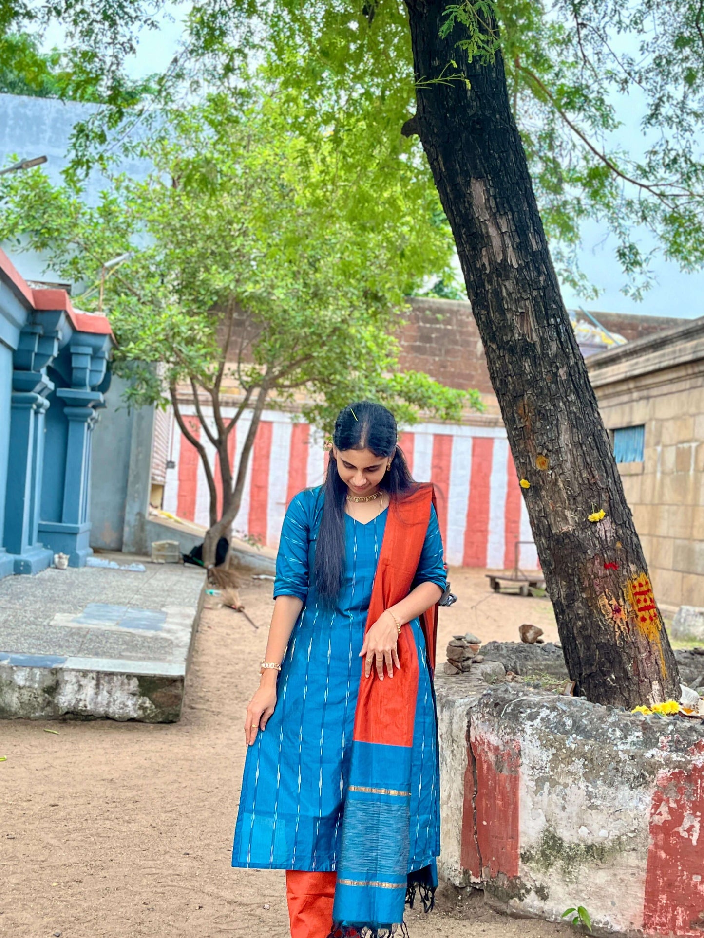 Blue & Orange Silk Salwar
