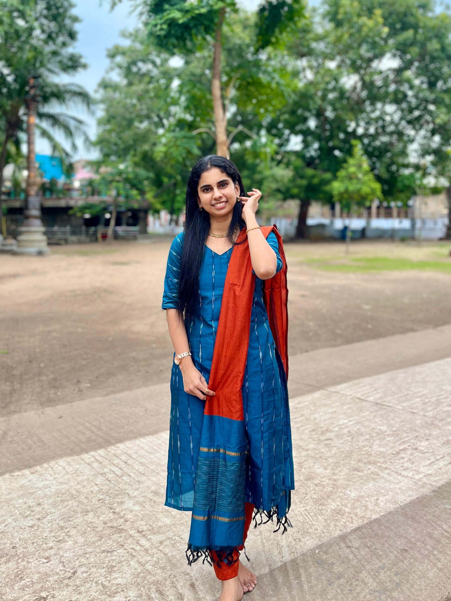 Blue & Orange Silk Salwar