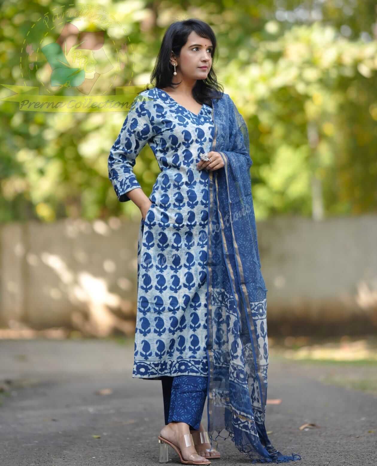 Indigo V Neck Handblock