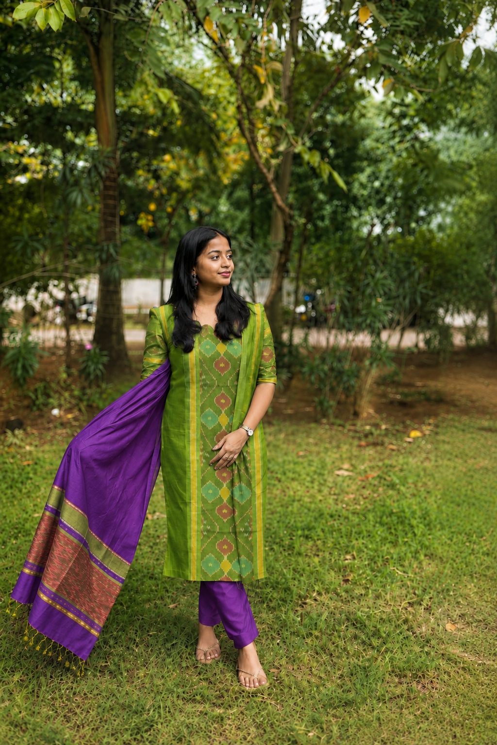 Parrot Green & Purple Pochampally Silk Salwar