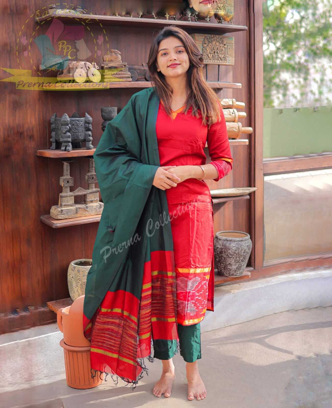 V Neck Red Silk Salwar