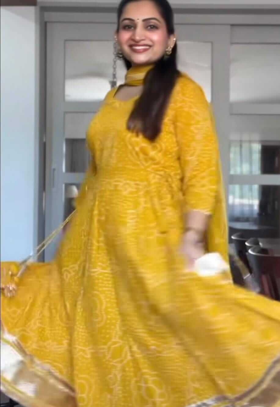 Yellow Bandhej printed Anarkali