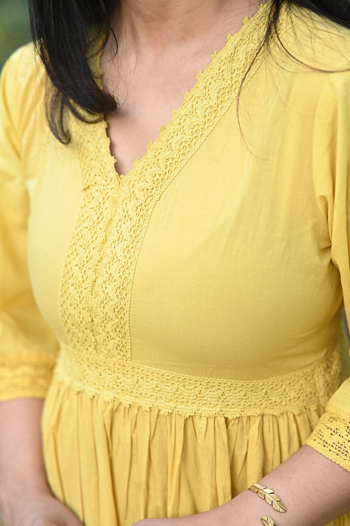 Yellow V Neck with Crochet Lace