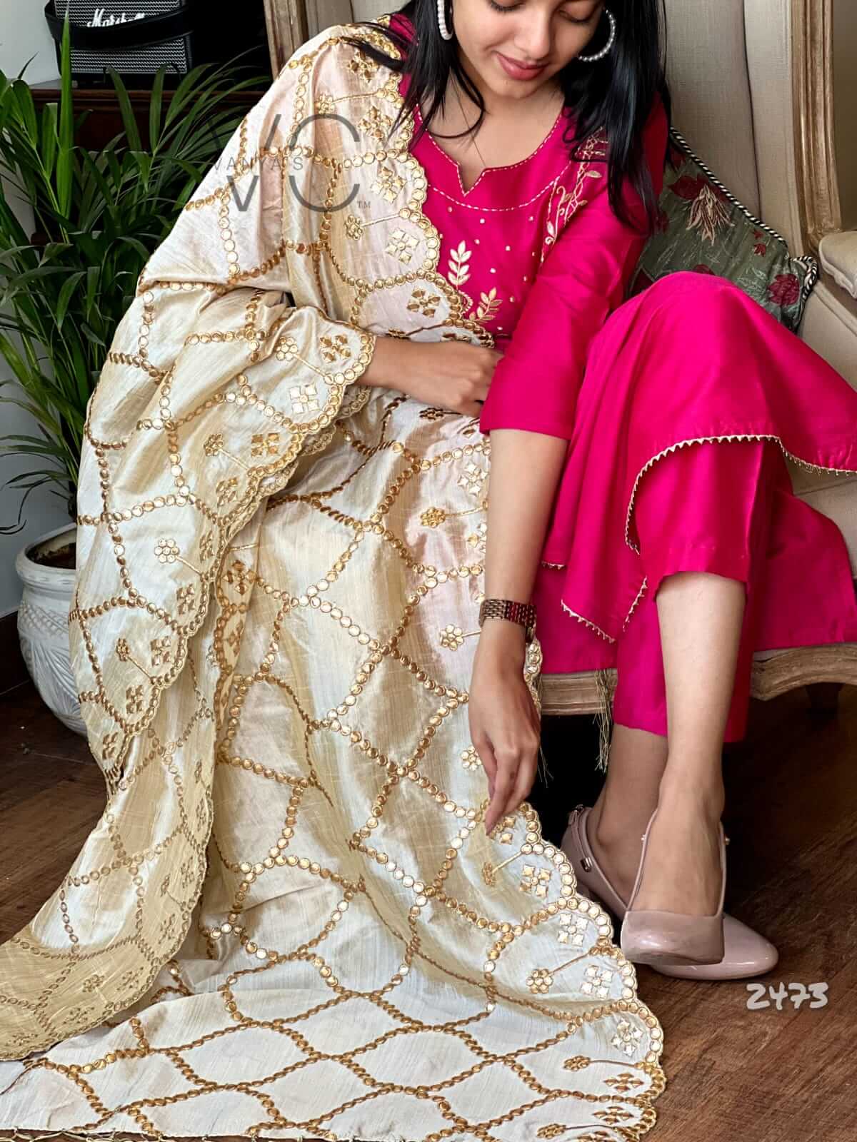 Silk fabric with chanderi foil mirror