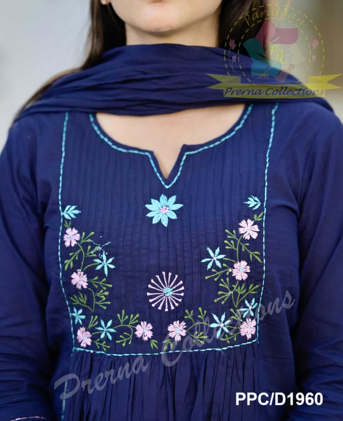 Pintex Work on Yoke - Blue