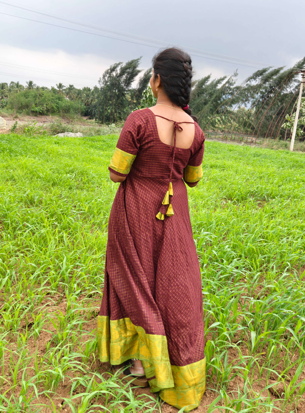 Sungudi Anarkali with Pom Pom