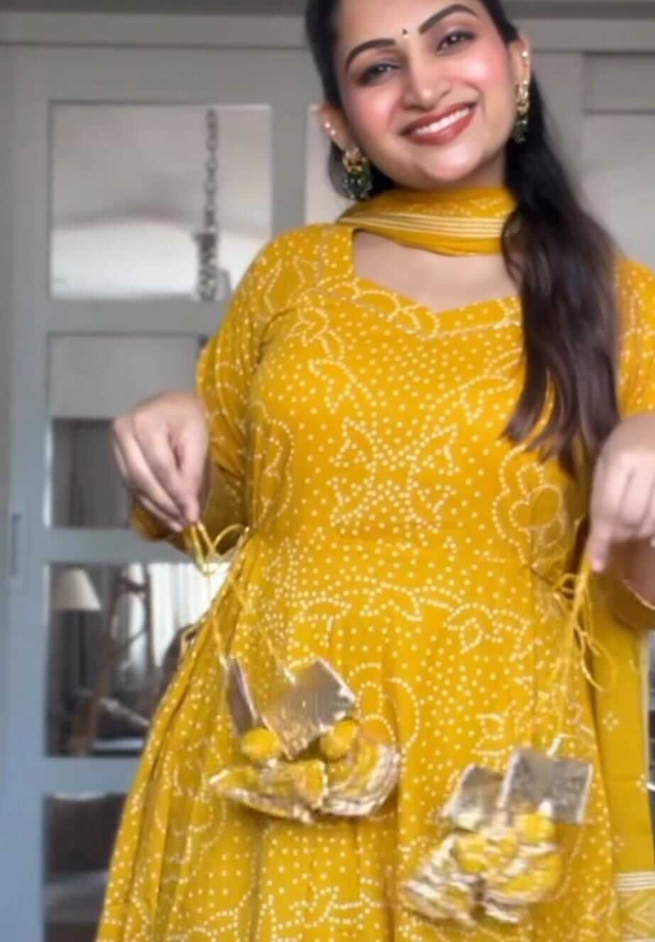 Yellow Bandhej printed Anarkali