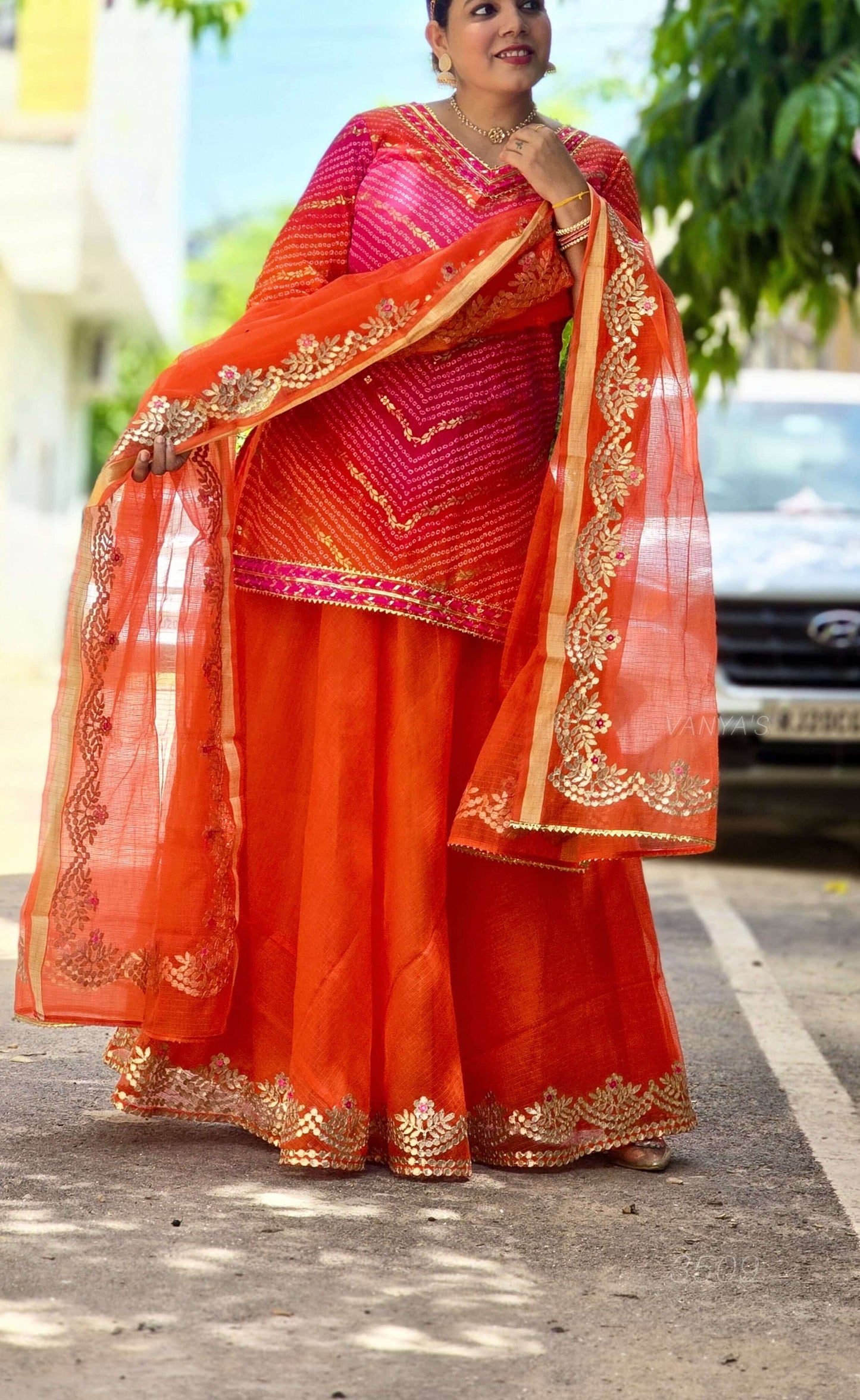 Orange & Pink lehriya Attire