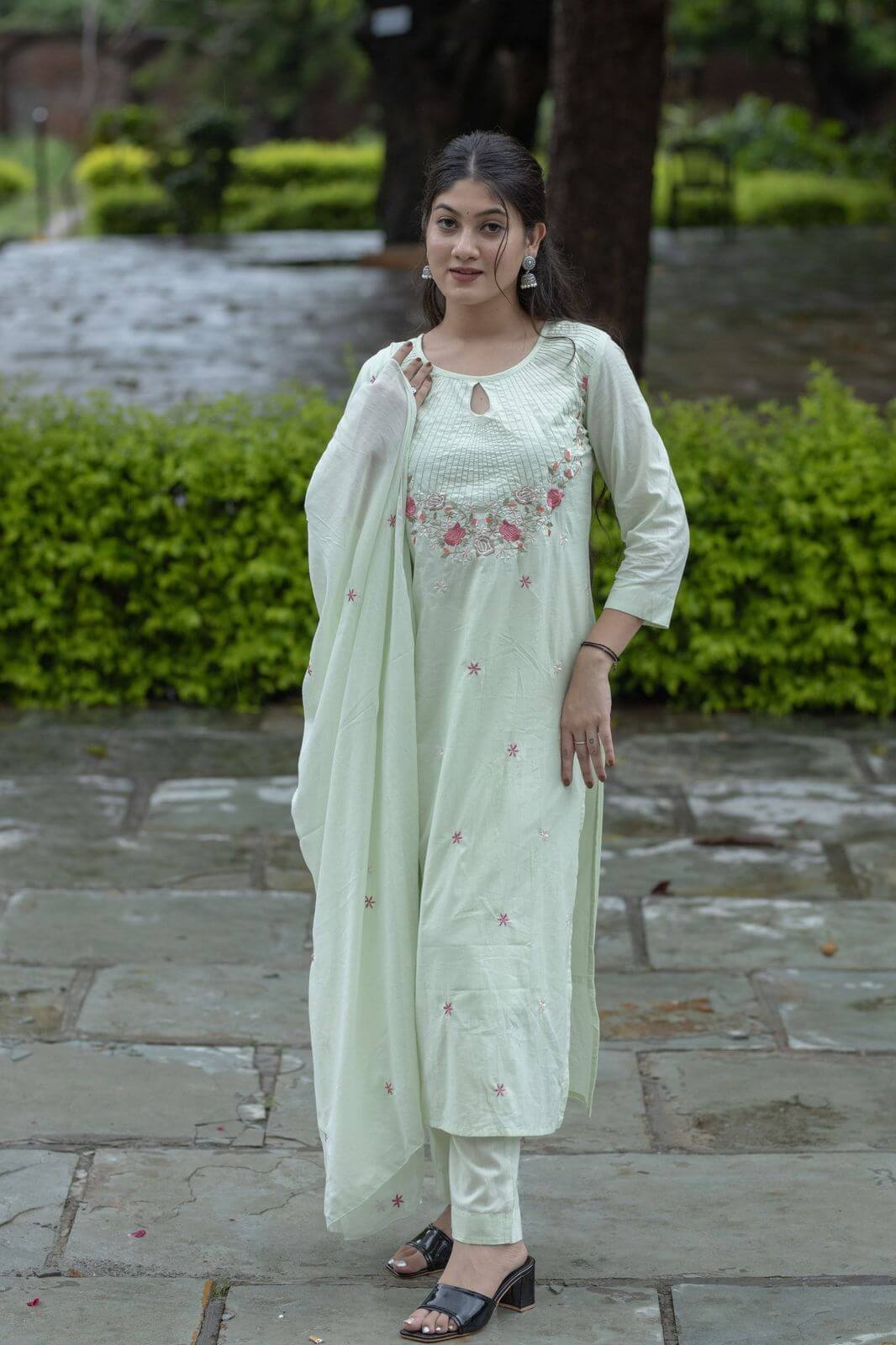 Mul Cotton Embroidery - Pastel Green