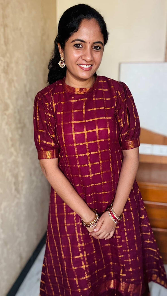 Maroon Puff sleeve Skirt and top